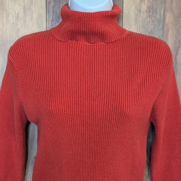 Reference Point Ribbed Orange/Coral Turtleneck Fitted Sweater M            M671 - Picture 4 of 9